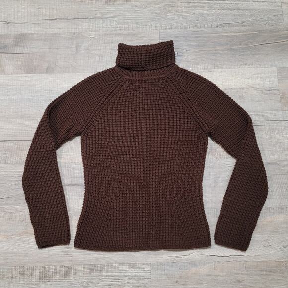 Neiman Marcus 100% Merino Wool Chunky Waffle Knit Turtleneck Sweater Brown M - Picture 1 of 6